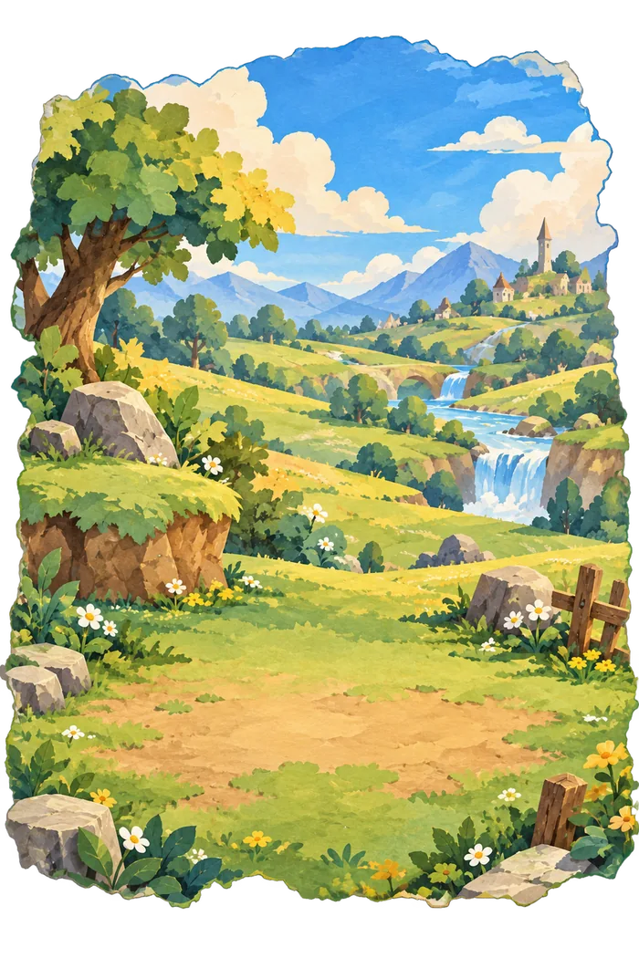 Chapter 1: a sunny meadow with a small stream and distant hills.
