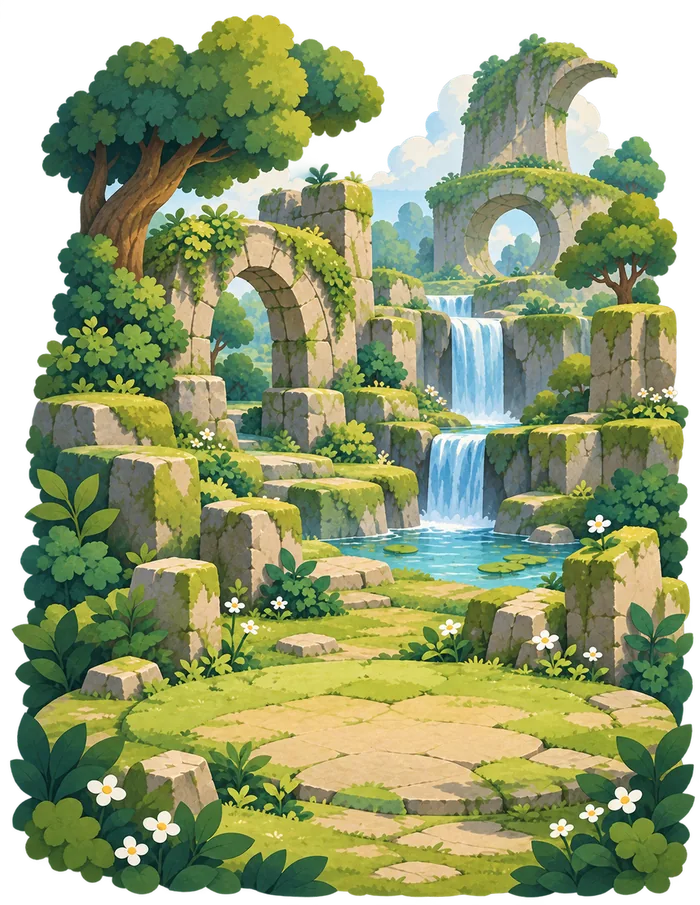 A sunny storybook meadow with a waterfall, a bridge and a windmill from Spirit Flow.