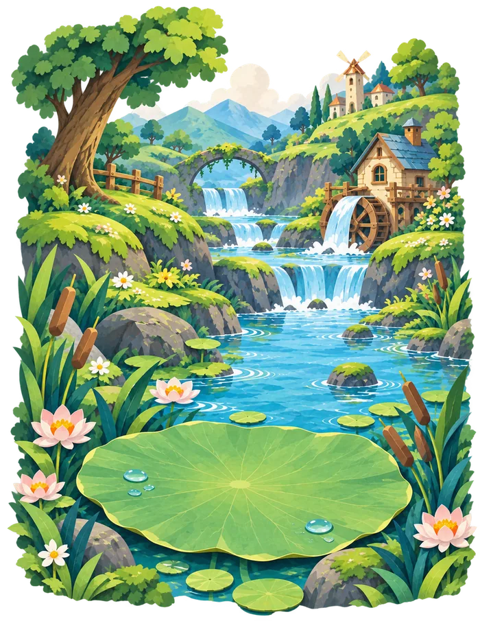 Chapter 3: a lily pond, waterfall and old mill.