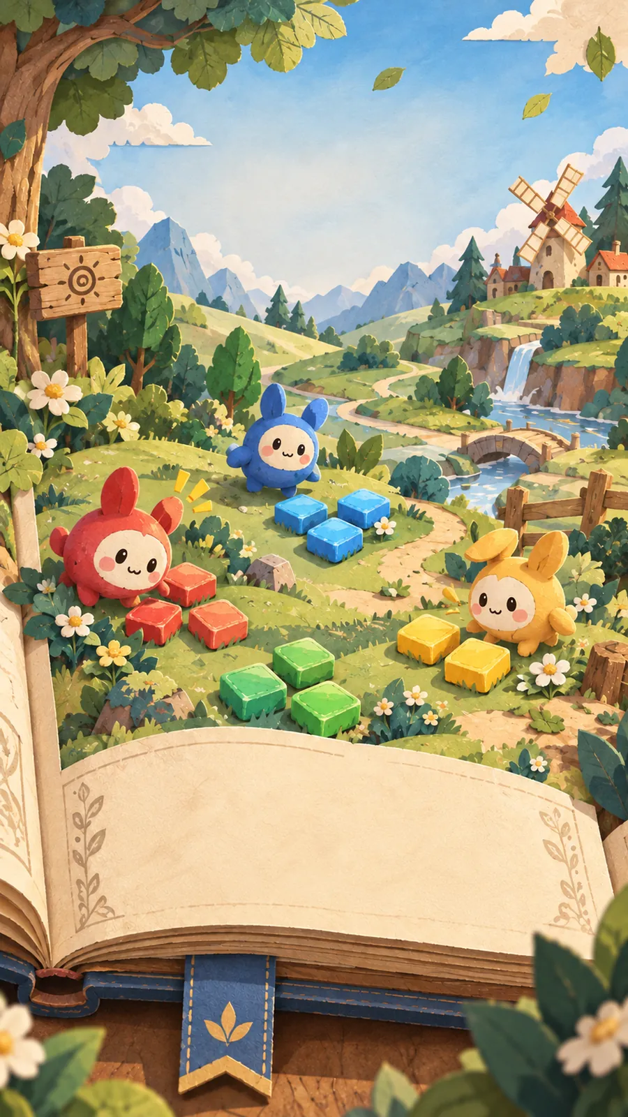Spirit Flow key art: colourful Spirits and gems on a storybook meadow.