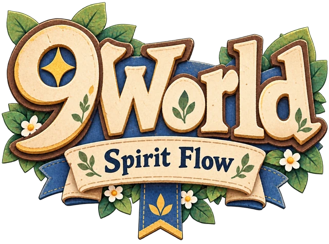 Spirit Flow logo, framed by leaves and flowers on a storybook ribbon.