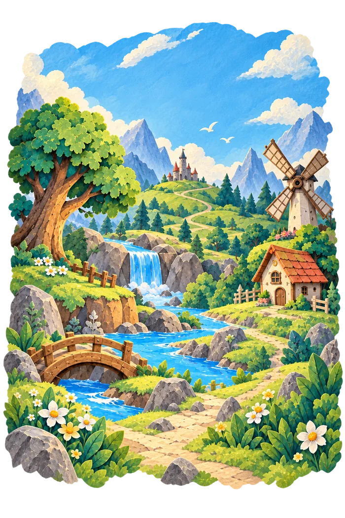 A storybook page ready to be restored, with a village, windmill and river.
